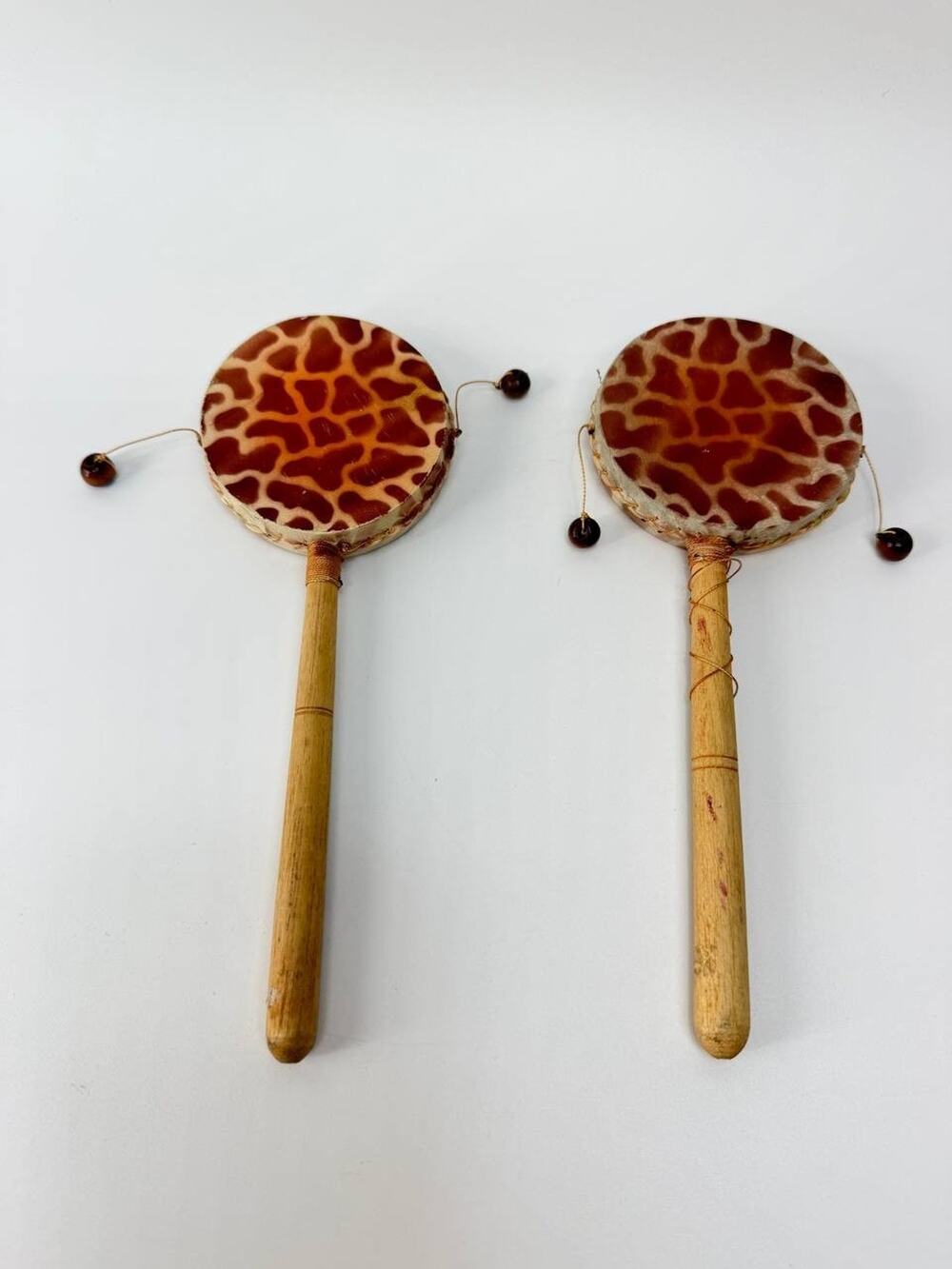 Wooden Hand Drum Rattle Set Tribal Percussion Instrument Pair Beaded Noise Maker